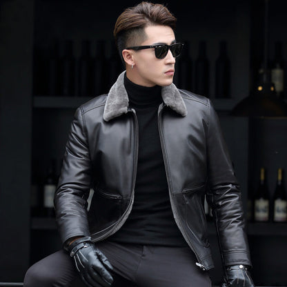 Chaqueta de motociclista elegante corta de cuero para hombre Abrigo engrosado