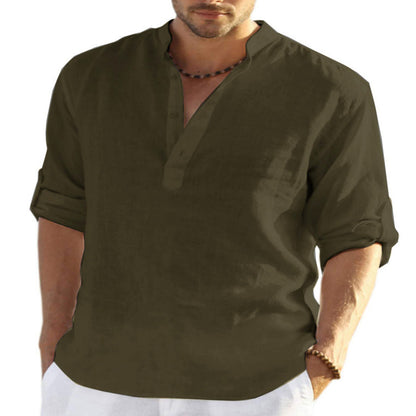 Camisa casual de manga larga de color sólido de lino y algodón para hombre con cuello suelto