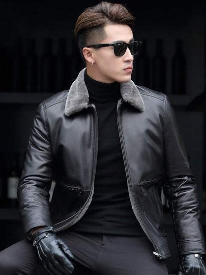 Male Leather Short Chic Motorcycle Jacket Thickened Coat