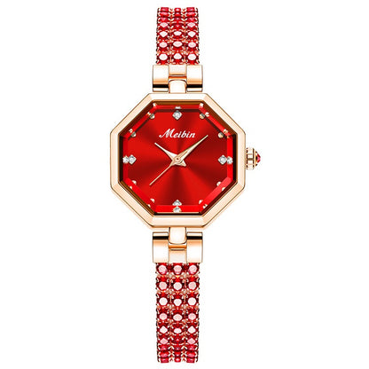 Reloj británico de lujo con hebilla de joyería para mujer octogonal, piedra rosa ligera