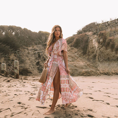 Vestido estampado de flores para mujer Ropa de playa irregular bohemia