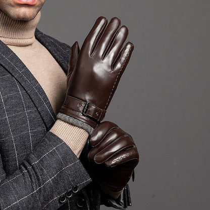 Guantes de piel de oveja para conducir y andar en bicicleta, térmicos y espesantes de terciopelo