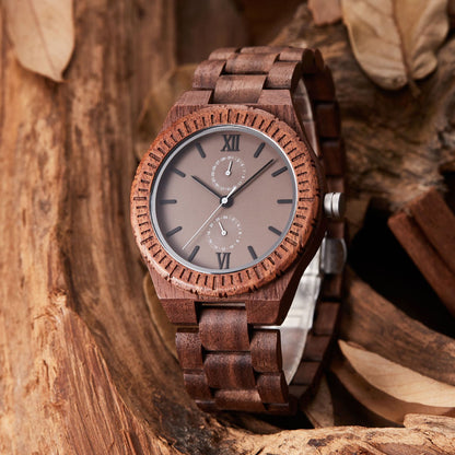 Reloj de madera multifuncional para hombre con movimiento de cuarzo.