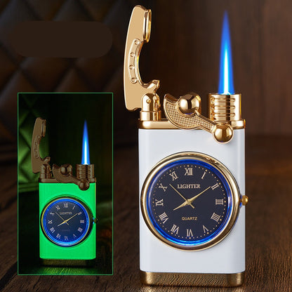 Nuevo encendedor con reloj eléctrico Brazo basculante Encendido automático Encendedor de llama azul recto Esfera real creativa Encendedor inflable a prueba de viento Reloj para hombres Regalo