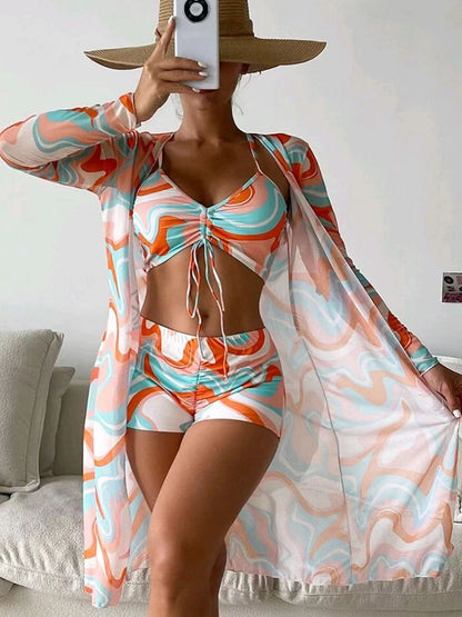 Bikini de primavera de 3 piezas con cárdigan de manga larga, traje de baño de playa de verano a la moda para mujer