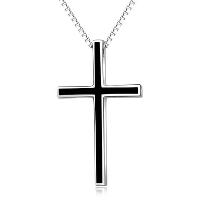 Herren-Halskette mit schwarzem Kreuz-Anhänger, 925er-Sterlingsilber, klassische Kreuz-Halskette