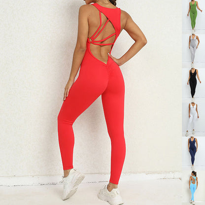 Mono de yoga con diseño de espalda en forma de V sin mangas para mujer, ropa deportiva para correr, pantalones ajustados elásticos