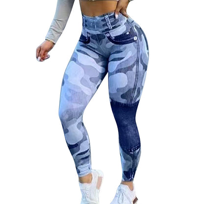 Damen-Yoga-Leggings mit mehrfarbigem Print und Camo-Motiv, schmale Passform, Butt Lift