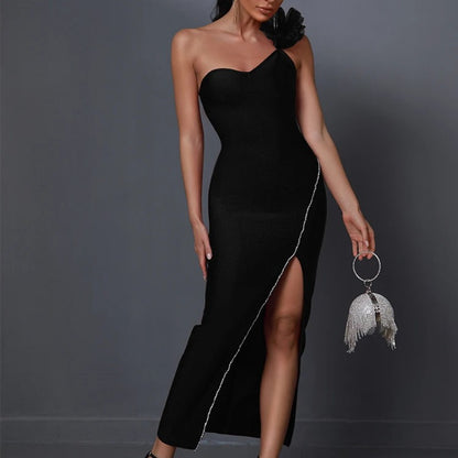 Neue Damen One-Shoulder-Trägerhose aus dreidimensionalem Mesh, ärmellos, mit hohem Schlitz, lang