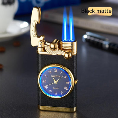 Nuevo encendedor con reloj eléctrico Brazo basculante Encendido automático Encendedor de llama azul recto Esfera real creativa Encendedor inflable a prueba de viento Reloj para hombres Regalo