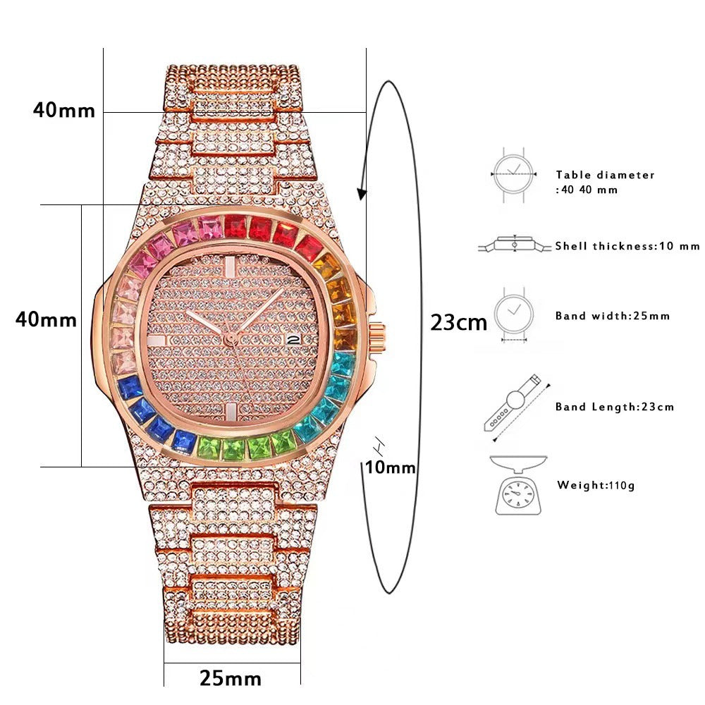 Vollständig mit Diamanten eingelegte, farbige Diamant-Stahlgürtel-Quarzarmbanduhr mit quadratischem Gürtel und Kalender