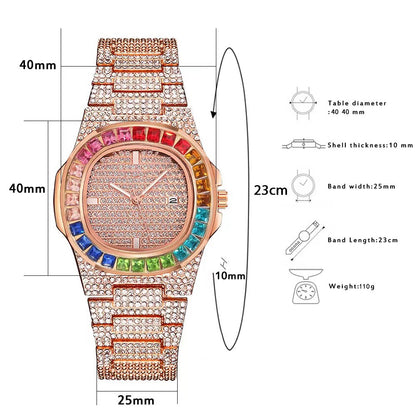 Vollständig mit Diamanten eingelegte, farbige Diamant-Stahlgürtel-Quarzarmbanduhr mit quadratischem Gürtel und Kalender