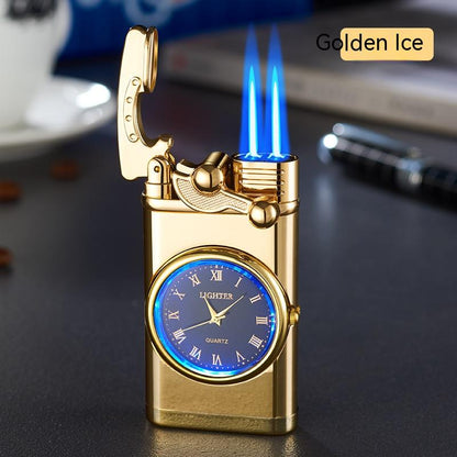 Nuevo encendedor con reloj eléctrico Brazo basculante Encendido automático Encendedor de llama azul recto Esfera real creativa Encendedor inflable a prueba de viento Reloj para hombres Regalo