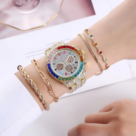 Damen-Armbanduhr aus Stahl mit Volldiamant und Einzelkalender