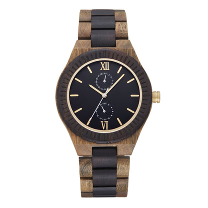 Reloj de madera multifuncional para hombre con movimiento de cuarzo.