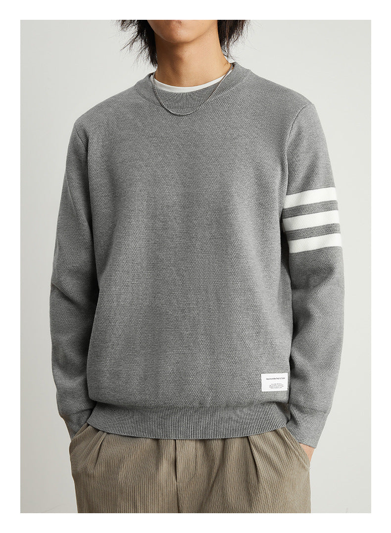 Men's Gray Pullover Striped Round Neck