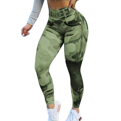 Leggings de yoga con levantamiento de glúteos y corte entallado de camuflaje con estampado multicolor para mujer