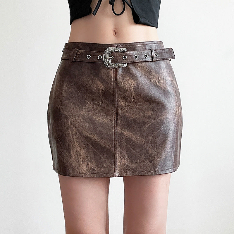 Women's Fashion Brown Vintage Tie-dye Leather Skirt