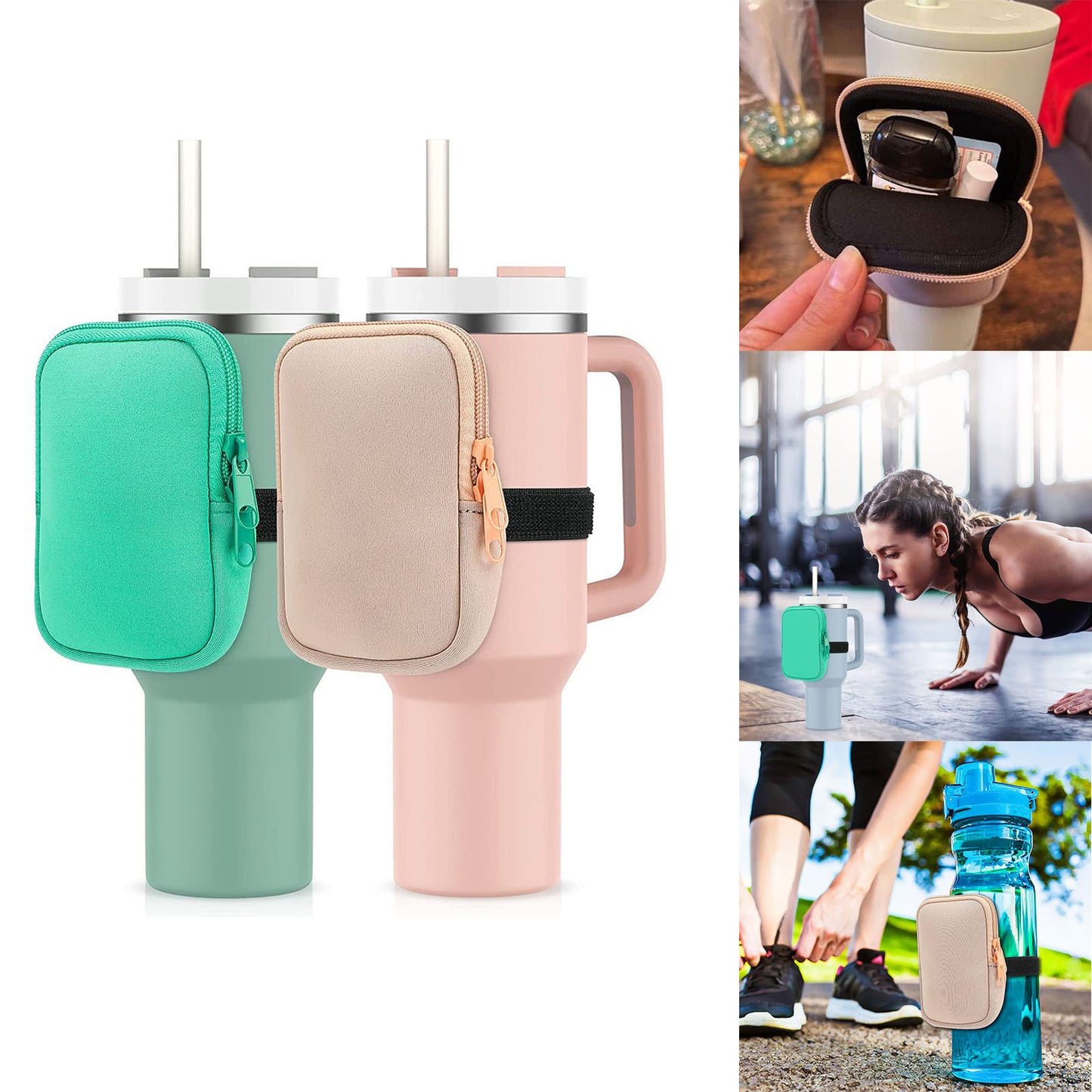 Wasserflaschentasche für Trinkbecher, Wasserflaschen-Caddy, Neopren-Bechertasche für Karten, Schlüssel, Geldbörse, Kopfhörer