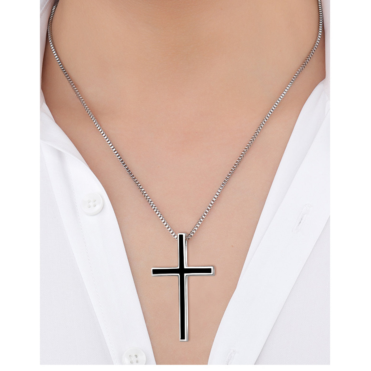 Collar de cruz clásico de plata de ley 925 con colgante de cruz negra para hombre