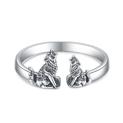 Sterling Silber Wolf Ringe Mutter und Kind Offene Ringe mit verstellbarer Größe