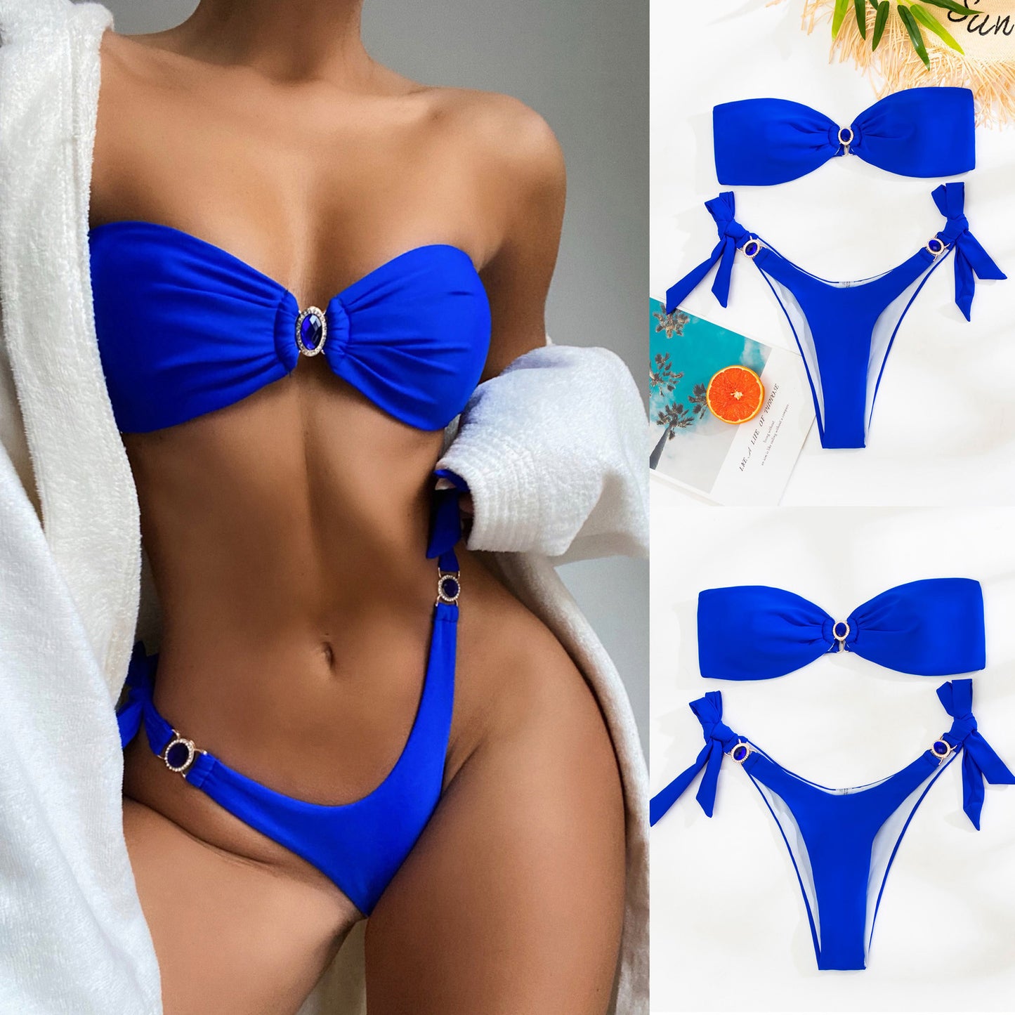 Ins Internet Celebrity Tube Top Push Up Traje de baño dividido sexy con diamantes azules