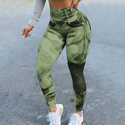 Damen-Yoga-Leggings mit mehrfarbigem Print und Camo-Motiv, schmale Passform, Butt Lift