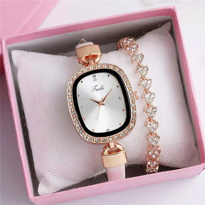 Reloj de pulsera para mujer, traje de dos piezas, reloj de cuarzo para mujer, reloj de moda con cinturón fino y diamantes de imitación