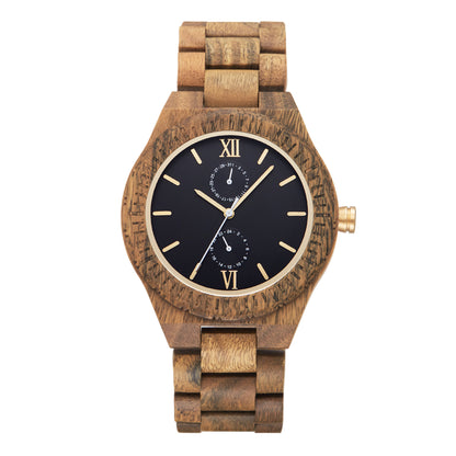 Reloj de madera multifuncional para hombre con movimiento de cuarzo.