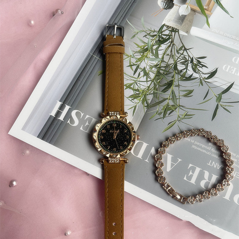 Starry Frosted Belt Watch Two-piece Set