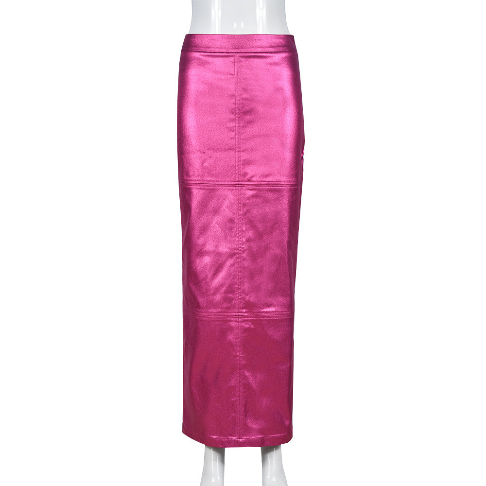 Slim-fit Sheath Patchwork Slit PU Leather European And American Skirt