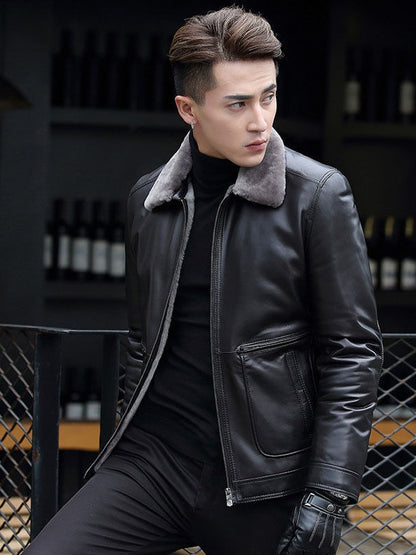 Male Leather Short Chic Motorcycle Jacket Thickened Coat