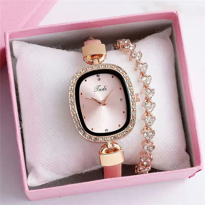 Reloj de pulsera para mujer, traje de dos piezas, reloj de cuarzo para mujer, reloj de moda con cinturón fino y diamantes de imitación