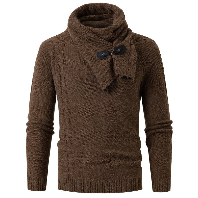 Men's Long-sleeved Scarf Detachable Slim Round Neck Pullover Knitted Sweater