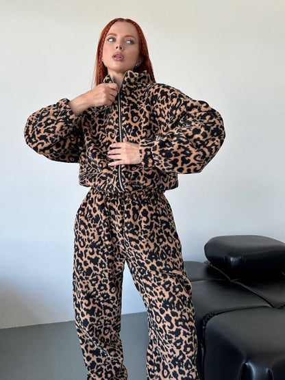 Traje de suéter con cremallera y estampado de leopardo suelto a la moda para mujer