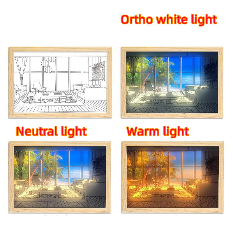 Beleuchtetes Bild, LED, dekoratives Licht, Malerei, Nachttisch-Bildstil, kreativ, modern, simulieren Sonnenschein, Zeichnung, Nachtlicht, Geschenk