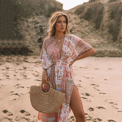 Vestido estampado de flores para mujer Ropa de playa irregular bohemia