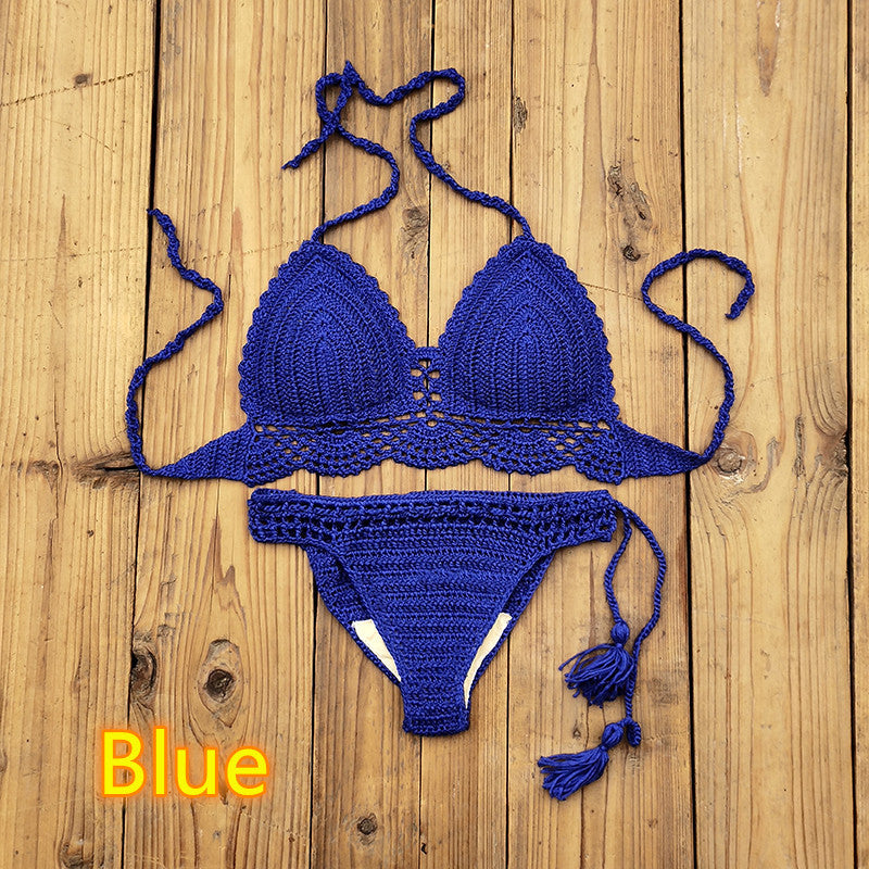 Traje de bikini de crochet hecho a mano de color sólido a la moda para mujer