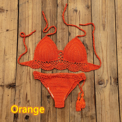 Traje de bikini de crochet hecho a mano de color sólido a la moda para mujer