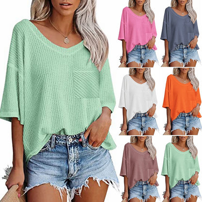 Camisas con cuello en V Mujer Verano Manga corta Tops verdes con bolsillo parcheado