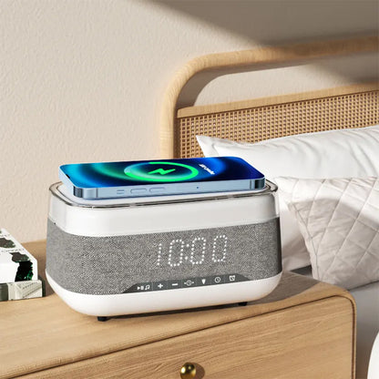 Reloj despertador multifuncional inteligente, Altavoz Bluetooth, cargador inalámbrico, reloj de carga rápida, luz nocturna de ambiente, decoración del hogar