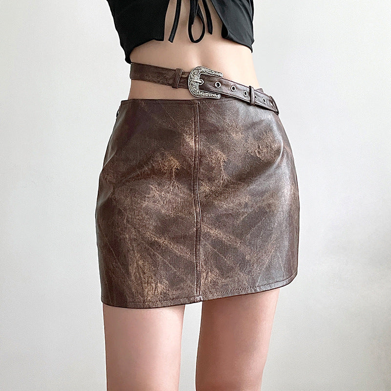 Women's Fashion Brown Vintage Tie-dye Leather Skirt