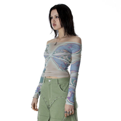 Women's Printed Long Sleeve Mesh Transparent Top