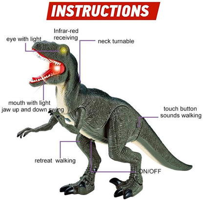 Juguete de dinosaurio que camina con Control remoto, cabeza móvil, ojos y sonidos iluminados, Velociraptor, regalo para niños, plataforma de Amazon prohibida