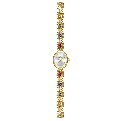 Reloj de lujo con luz de arco iris y gemas de colores ovaladas de moda antigua