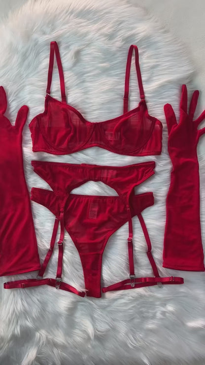 Nahtlose Dessous mit langen Handschuhen, Spitze, nahtlose Unterwäsche, Intimartikel, sexy Outfits, durchsichtiges BH- und Höschen-Set