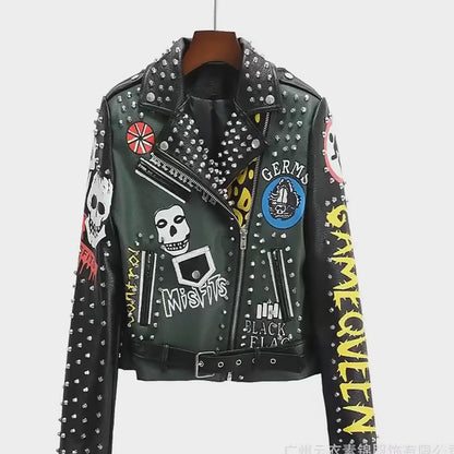 Spring Skull Pattern Graffiti Short Leather Jackets For Punk Women Rivet Slim Streetwear Motorcycle Jackets Coat