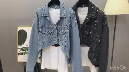 Weibliche Oberbekleidung Mode Mit Nieten Diamant Denim Jacke Frauen Kleidung Kurze Schlanke Unregelmäßige Denim Mantel Frauen Chaqueta De Mezclilla