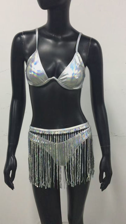 Holographische Glitzer-Pailletten, Musik, Festival, Rave-Outfit, Fransen, Minirock, sexy Tangas, Streetwear, Club, Party, Damen-Bikini, 3-teiliges Set