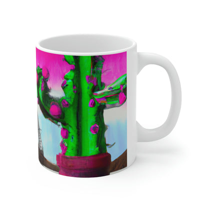 "An Awkward Caffeinated Moment: The Tale of a Bot and a Cactus" - The Alien Ceramic Mug 11 oz